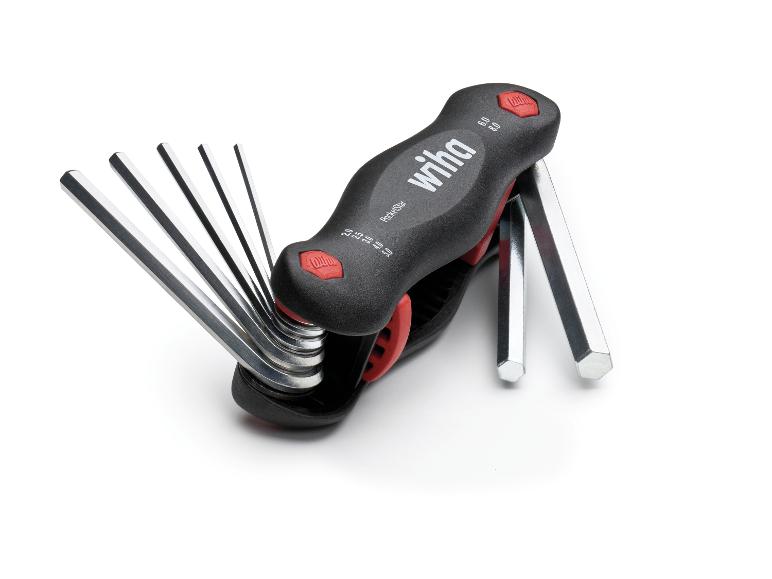 Klappbarer Inbusschlüsselsatz mit ergonomischem schwarzem Griff und roten Details.