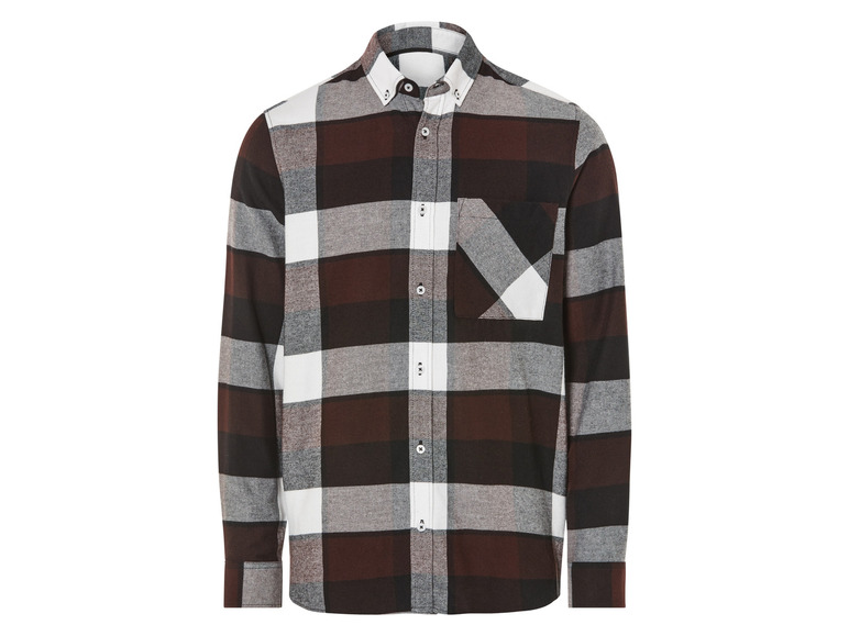 Ein langärmliges Hemd mit Karo in Braun, Weiß und Grau.