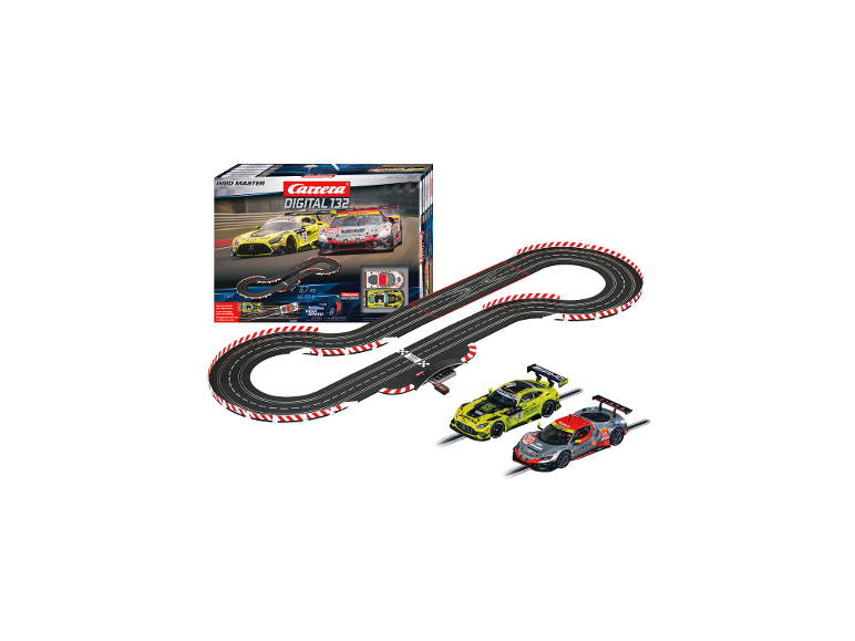 Carrera Digital 132 Grid Master Rennbahn mit zwei Autos und Verpackung.