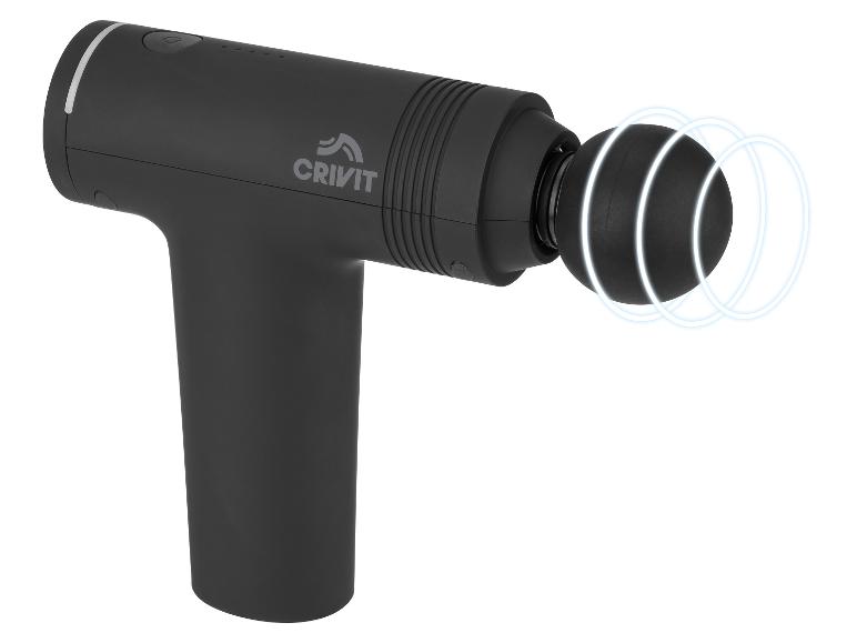 Schwarze Massagepistole mit rundem Kopf und weißen Ringmustern.