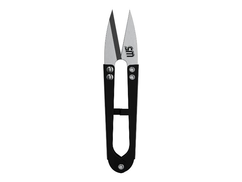 Schwarze und silberne Fadenschere mit W5-Logo auf einer Klinge