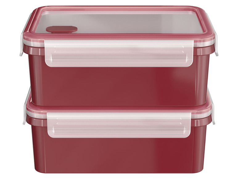 Zwei rote Plastik-Aufbewahrungsboxen mit Deckeln