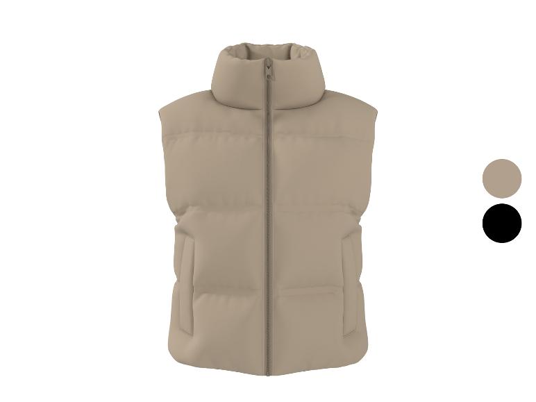 Beige Steppweste mit Reißverschluss und Stehkragen, auch in Schwarz erhältlich.