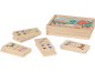 Holzdomino mit Bauernhof-Motiven und farbigen Punkten, inklusive passender Holzkiste.