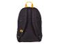 Schwarzer Rucksack mit gelbem Griff und verstellbaren Schultergurten, Rückansicht.