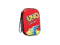 Rote UNO-Tragtasche mit Kartenabbildungen und einer Handschlaufe.