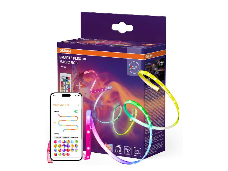 Smarter LED-Streifen mit Fernbedienung und Smartphone-App, die verschiedene Beleuchtungsmodi anzeigt.
