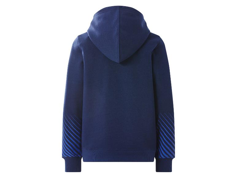 Dunkelblauer Kapuzenpullover mit blauen Streifen an den Ärmeln, Rückansicht.