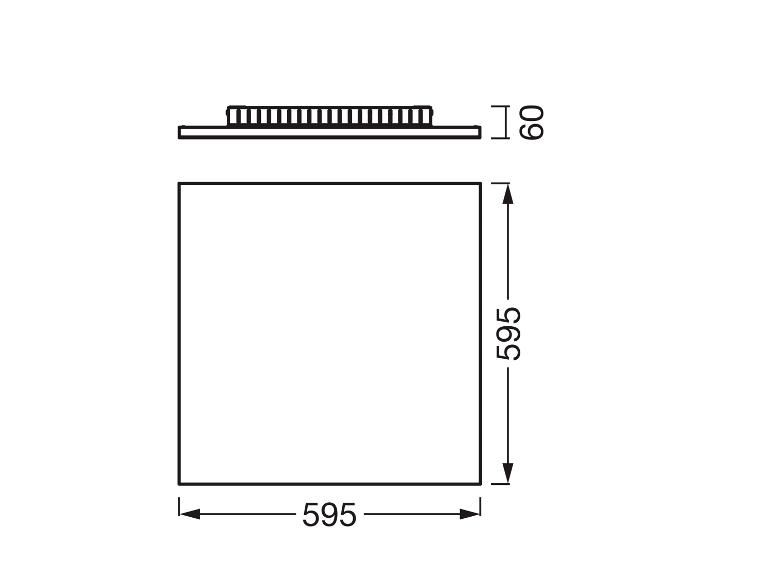 Technische Zeichnung eines quadratischen Geräts mit den Maßen 595x595x60 mm.