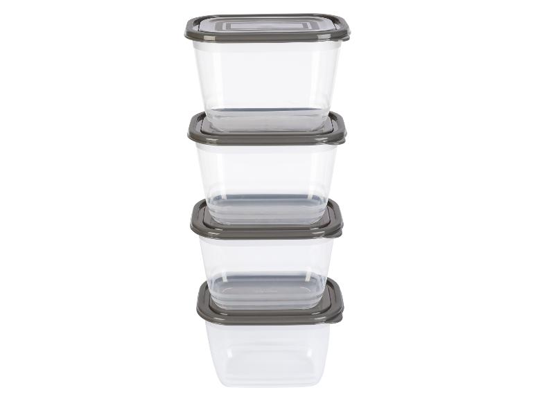 Vier stapelbare transparente Kunststoffbehälter mit grauen Deckeln.