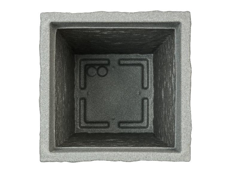 Draufsicht auf einen leeren quadratischen grauen Blumentopf mit strukturierter Oberfläche.