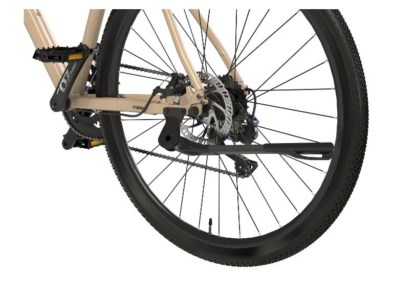 Details eines Prophete Fahrrads: Rad, Ounce Pedale und Scheibenbremse.