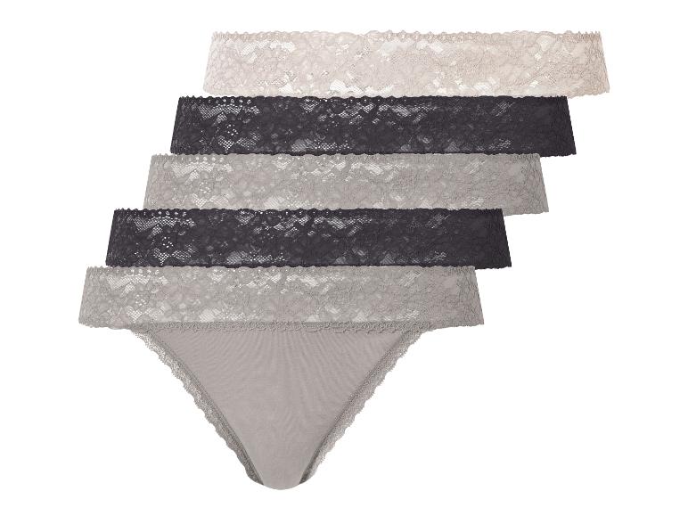 Set aus fünf Spitzen-Strings in Beige-, Grau- und Schwarztönen.