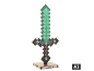 Dekorative Tischlampe in Form eines grünen Pixelschwerts auf einem Ständer.