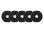 Fünf schwarze Trennscheiben mit Metallzentren, horizontal in einer Reihe angeordnet.