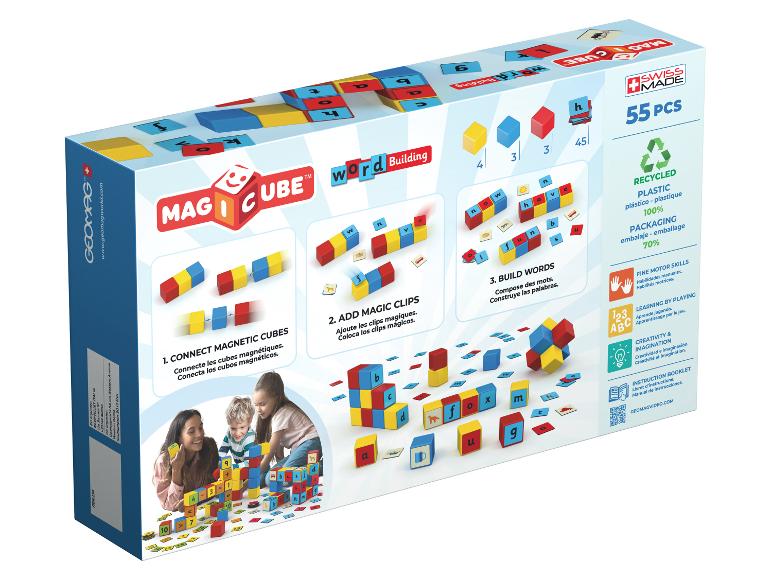 Magnetische Wortbauwürfel für Kinder, 55 Teile, 100% recycelter Kunststoff.