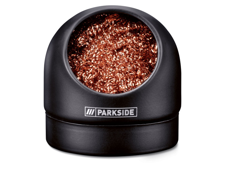 Ein schwarzer Parkside Scheuerschwamm mit Kupfer-Schleifmittel.