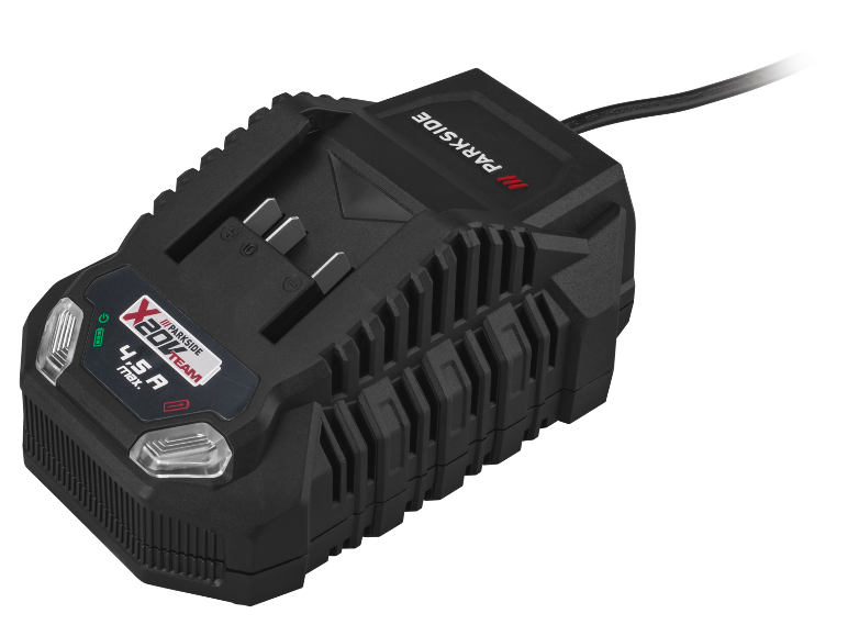 Schwarzes Akkuladegerät mit 4.5 A max. Ausgang und X20V Team Kompatibilität.