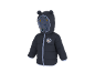 Dunkelblaue Steppjacke für Kleinkinder mit Charakter-Patch und gemustertem Kapuzenfutter.