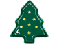 Grüne Servierplatte in Weihnachtsbaumform mit gelben Sternen.