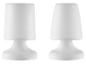 Zwei weiße, matte Tischlampen mit konischem Schirm und abgerundetem Fuß.
