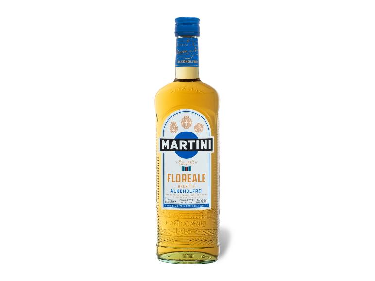 Martini Floreale alkoholfreie Aperitifflasche mit blauem Verschluss und Etikett.