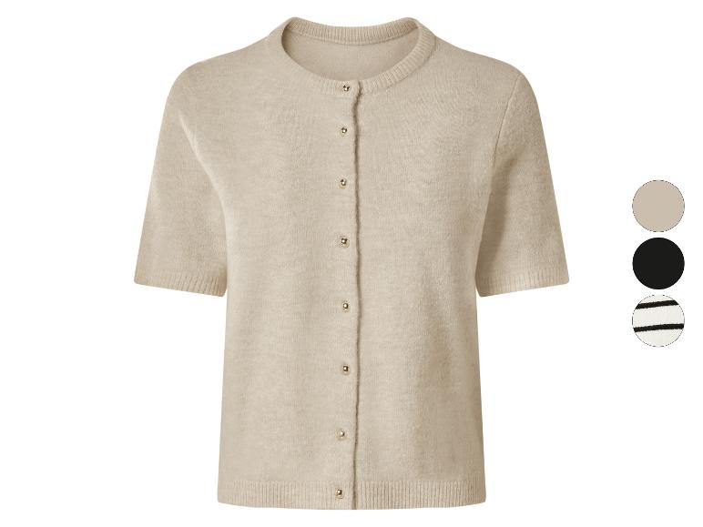 Beige kurzärmelige Strickjacke mit Goldknöpfen und Farboptionen.