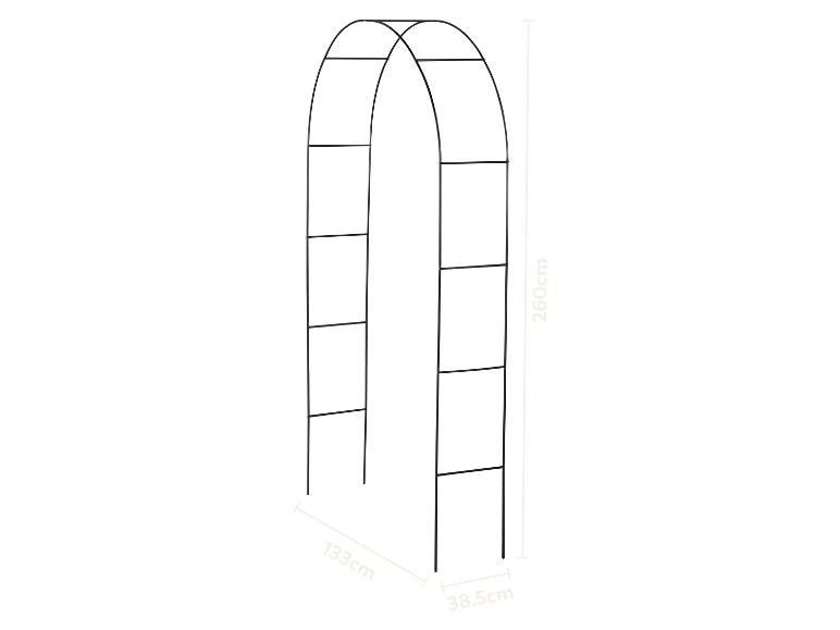 Schwarzer Metall-Gartenbogen mit Maßen von 260 cm (Höhe), 133 cm (Breite) und 38,5 cm (Tiefe).