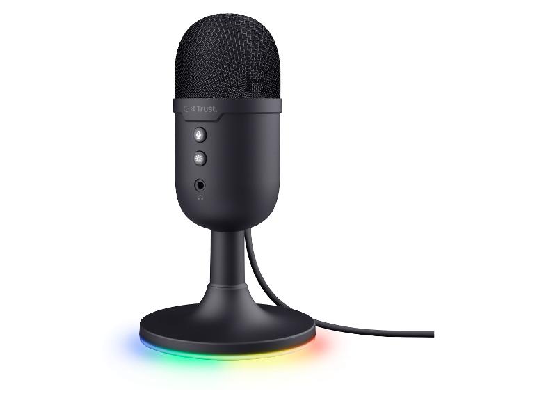 Schwarzes USB-Mikrofon mit Ständer und RGB-Beleuchtung