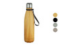 Eine Thermosflasche mit Holzoptik und Trageschlaufe.