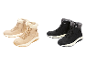 Gefütterte Winterstiefel in Beige und Schwarz mit weißer Sohle.