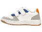 Weiße Kinder-Sneaker mit Klettverschlüssen, blauen und orangefarbenen Akzenten.