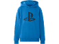Blauer Kapuzenpullover mit schwarzem Spielkonsolen-Logo auf der Brust und Ärmelprint.