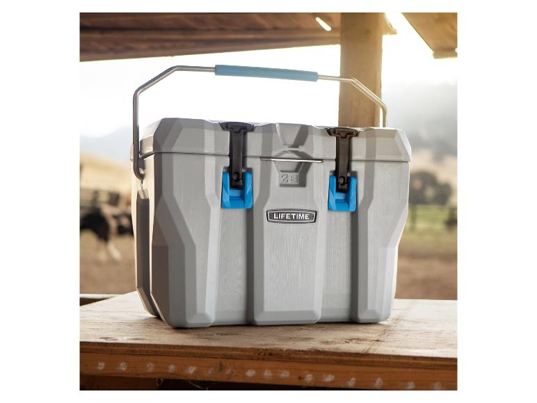 Graue Kühlbox mit Griff und blauen Verschlüssen, auf einem Holztisch im Freien.