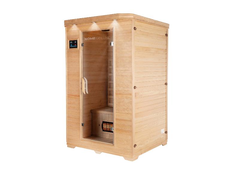 HOME DELUXE Infrarotsauna aus hellem Holz mit Glastür und Bedienfeld.