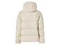 Beige Steppjacke mit Kapuze, Rückansicht.