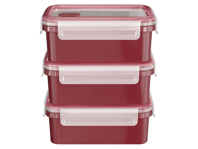 Drei rote Plastikbehälter mit Deckeln.