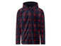Blaue Fleecejacke mit Kapuze und rotem Karomuster