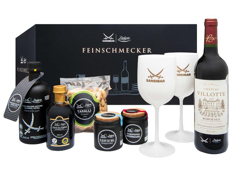 Geschenkset mit Château Villotte Wein, Olivenöl, Balsamico-Essig, Snacks und Gewürzen.