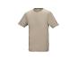 Ein einfarbiges beiges T-Shirt mit Rundhalsausschnitt und kurzen Ärmeln.