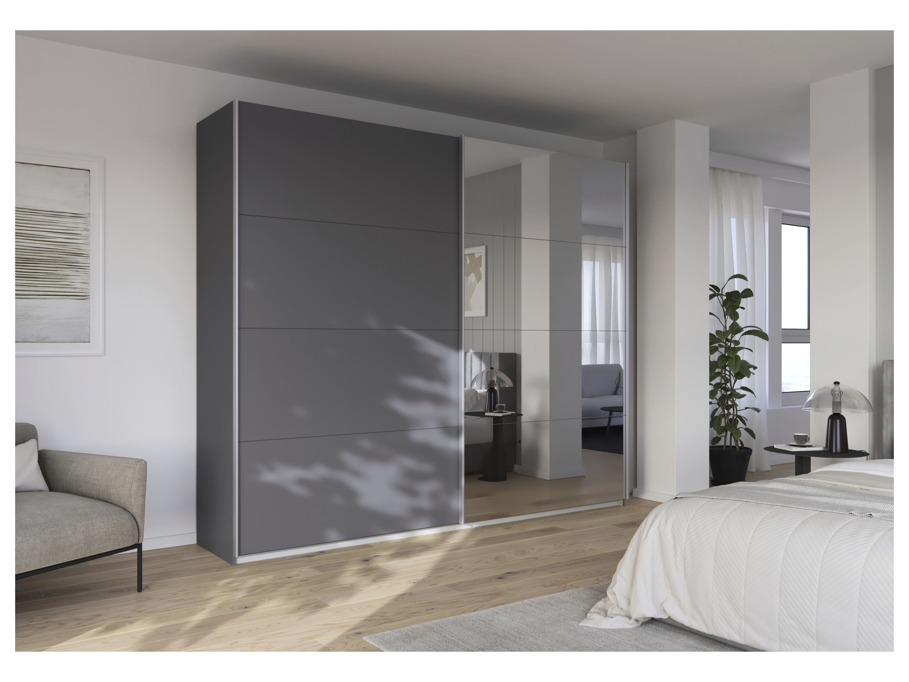 RAUCH ORANGE Quadra Schwebetürenschrank mit Spiegelelementen (Premium-Zubehör, Korpus: Graumetallic, 271 x 230 cm) – Bild 2 von 4