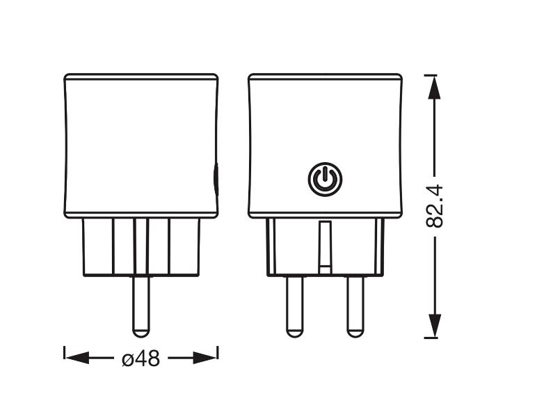 Technische Zeichnung eines Smart Plugs mit Maßen: 48mm Durchmesser, 82,4mm Höhe.