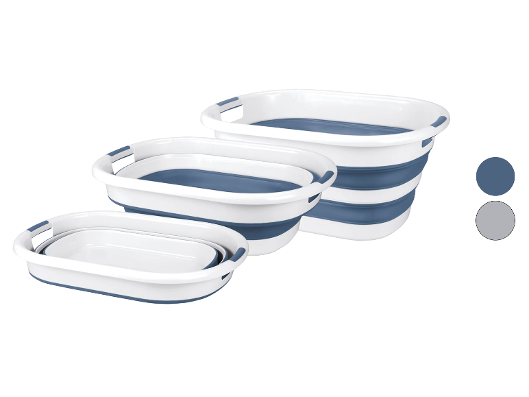 Set aus drei faltbaren Schüsseln in Weiß und Blau.