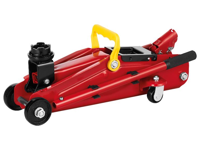 Roter hydraulischer Wagenheber mit schwarzen Rädern und gelbem Griff