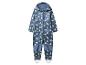 Blauer wasserdichter Kinderoverall mit Dinosaurier-Muster und Kapuze.
