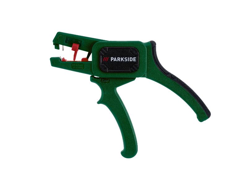 Grüner PARKSIDE Abisolierer mit schwarzem Griff und roten Details