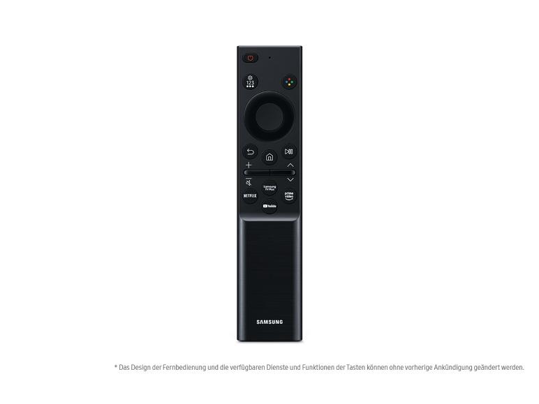 Schwarze Samsung-Fernbedienung mit Netflix-, Prime Video- und YouTube-Tasten.