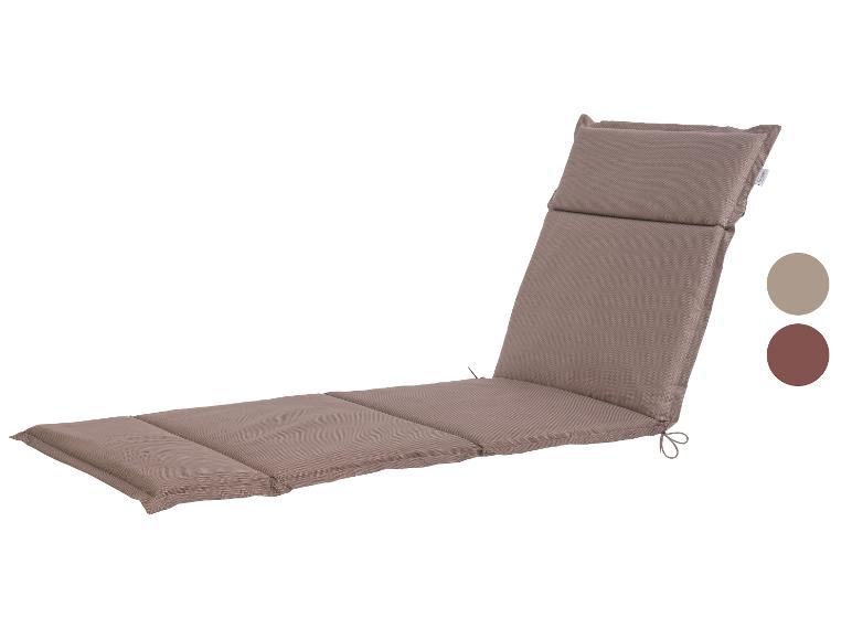 Braunes Sonnenliegenkissen mit Bändern, zwei Farbmuster an der Seite.