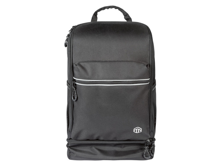 Ein schwarzer Rucksack mit einem großen vorderen Fach und einem kleinen Fach an der Seite.