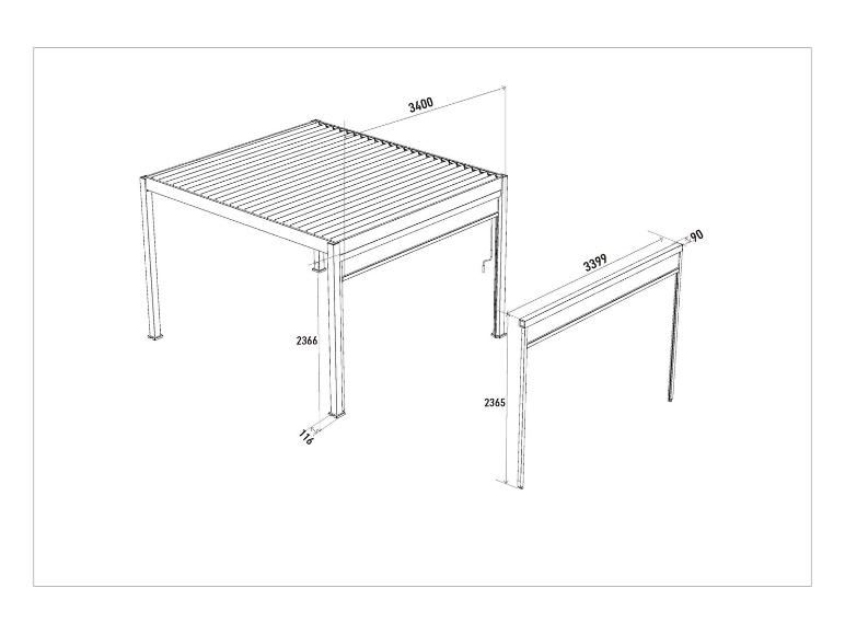 Pergola und Seitenwand mit Maßen: 3400, 2366, 116, 3399, 2365, 90.